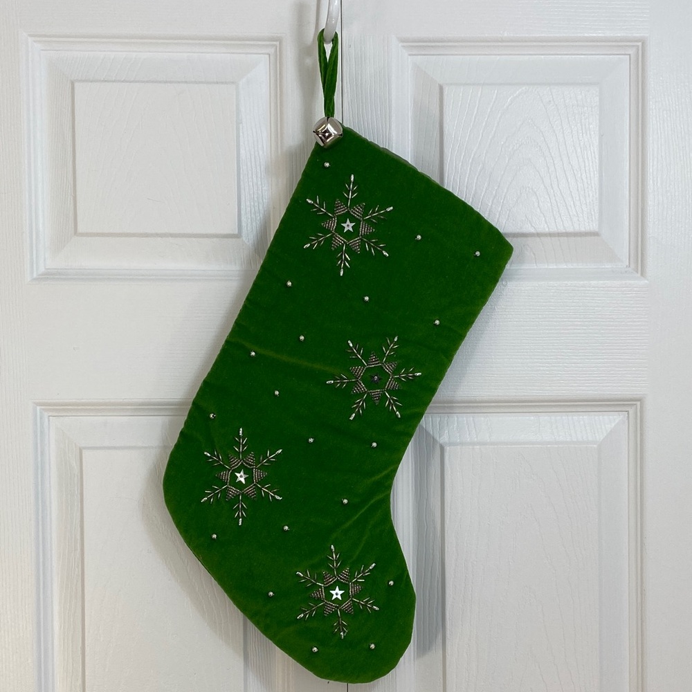 2 for $25 - Indigo Velvet Stocking in Green w Silver Sewn in Snowflake Accents